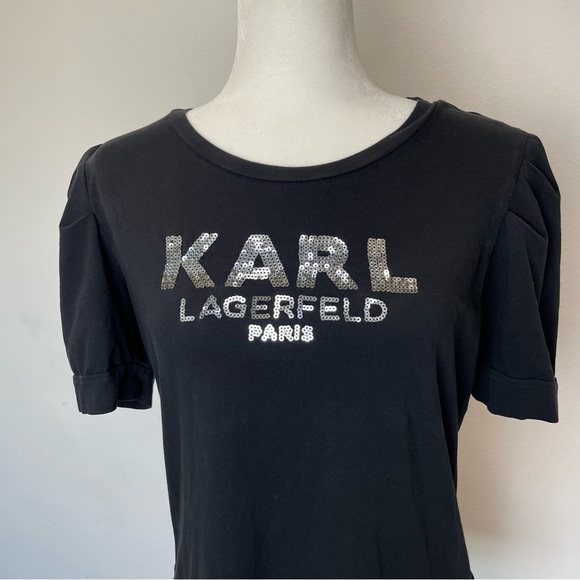 Karl Lagerfeld Women’s Metallic Sequins Logo Puffed Short Sleeve Shirt Size M - Picture 2 of 9